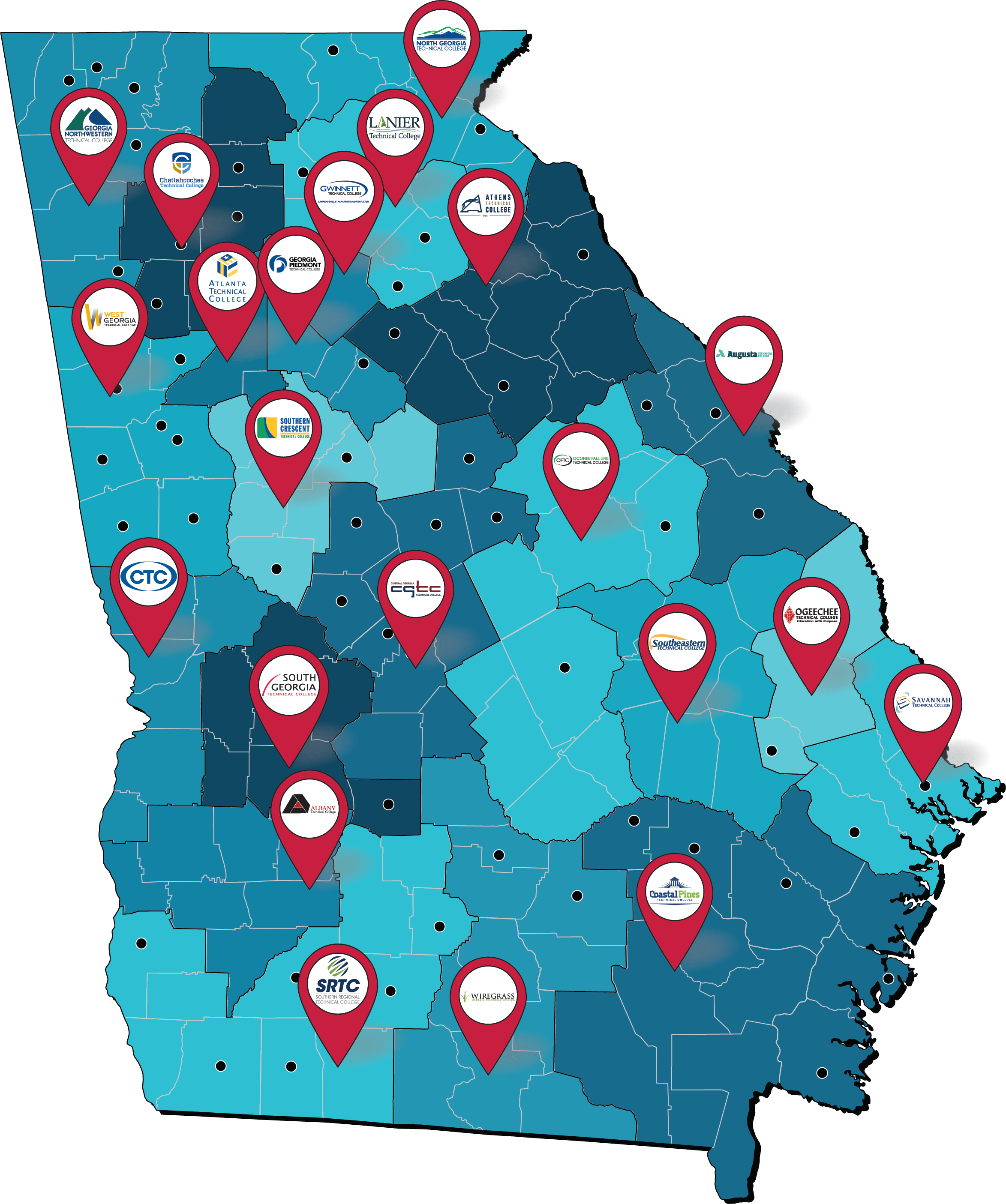 State of GA image with all college locations